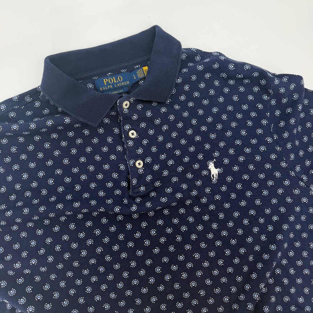 Polo Ralph‎ Lauren Mens Large Classic Fit Navy Blue Geometric Print Polo Shirt